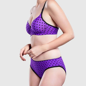 Comfortable Women's Purple Solid Halter Neckline Underwire Bra Thongs Bottoms Contrast Binding Quick Dry <b>Bikini</b> - Product Image 2