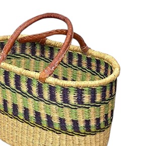 Natural <b>BoHo</b> Chic Seagrass Handbags Leather Handle Green Purple Striped Woven Straw Tote Casual Women <b>Bag</b> - Product Image 2