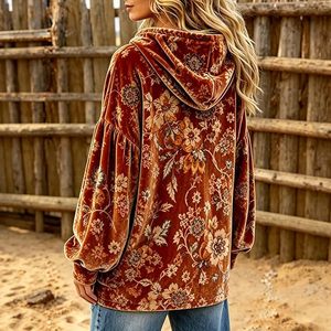 Sweat à capuche en velours imprimé floral baroque personnalisé OEM pour femme, esthétique premium, orange rouille, velours, épaules tombantes - Product Image 3