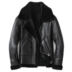 Chaqueta de Motociclista de Cuero Genuino Negro para Hombre, con Cuello de Piel Sintética, Cierre de Cremallera, Abrigo de Invierno para Motociclistas - Product Image 1