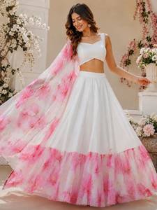 Lehenga de organza con estampado digital de diseñador, con blusa de organza con pelaje y dupatta de organza con estampado digital, conjunto listo para usar. - Product Image 1