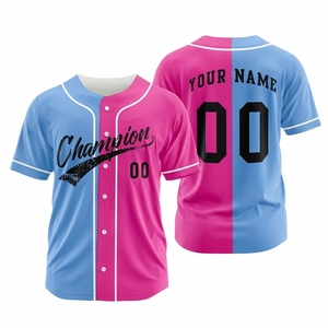 เสื้อเบสบอลแบบกำหนดเอง ระบายอากาศได้ดี สีชมพู-น้ำเงิน ลายบล็อกสี  แบบซับลิเมชั่น พร้อมพิมพ์ชื่อและหมายเลขด้านหน้าและด้านหลัง สำหรับผู้ใหญ่ทั้งชายและหญิง - Product Image 1