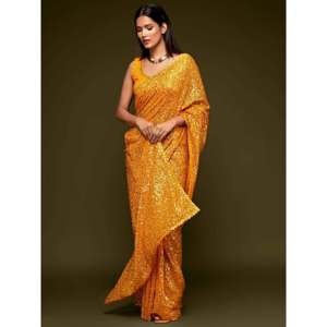 Robe de soirée, magnifique sari en georgette jaune miel orné de paillettes, idéal pour les fêtes - Product Image 5