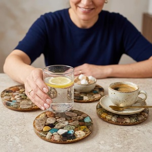 Ensemble de sous-verres ronds en bois et résine, design classique, antidérapants, motif roche transparent, épaisseur 8 mm, écologiques et durables - Product Image 4