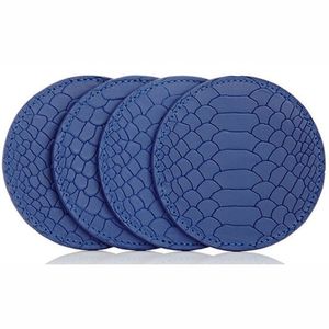 ชุดจานรองแก้วหนังเทียมสีน้ำเงินหรูหรา 4 ชิ้น กันน้ำ ลายหนังงู ทำจากหนัง PU รูปทรงกลม สำหรับโต๊ะกาแฟ บาร์ โรงแรม ตกแต่ง - Product Image 1