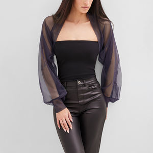Bolero de malla de manga larga personalizado de alta calidad, sexy, transparente, de punto, ajustado, con frente abierto para mujer, bolero corto de malla. - Product Image 4