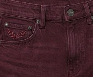 <b>Burgundy</b> Cotton Denim Shorts High Waist Straight Leg Casual Summer Style Embroidered Detail Rolled Cuffs - Product Image 4