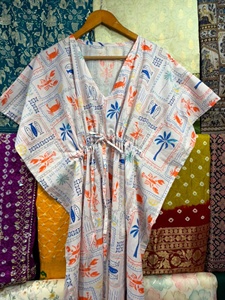 Handmade Cotton Floral Kimono Robe Oversized <b>Kaftan</b> V-neck Ankle-Length Casual Dress Feather Trim Sustainable Natural Waist All - Product Image 2