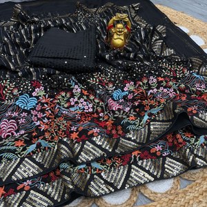 Sari Negro de Georgette Sintético con Lentejuelas y Bordado de Hilos Multicolor, con Blusa de Seda Banglori Satinada para Fiestas Glamurosas - Product Image 1