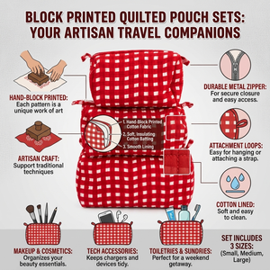 Block Printed Quilted Eco-Friendly Durable Cotton <b>Cosmetic</b> Bags with Geometric Pattern Handmade Travel <b>Organizer</b> Pouch Set - Product Image 6