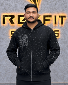 Men's Custom Made <b>Black</b> Rhinestones Pattern Zip-Up <b>Hoodie</b> With Front Logo And Star Sleeve Design Casual Streetwear Sweatshirt - Product Image 1