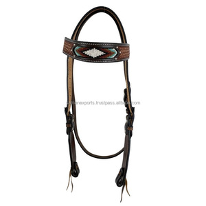 Handmade Genuine <b>Leather</b> Western Beaded Headstall With Hand <b>Tooled</b> <b>Work</b> Top Indian Supplier Manufacturer Saman Exports - Product Image 5