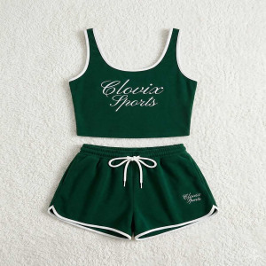Breathable Cotton Women 2 Piece Summer Set Custom Logo Sleeveless Crop Tank <b>Top</b> High Waist Shorts Gym WearActive Wear Tracksuit - Product Image 3