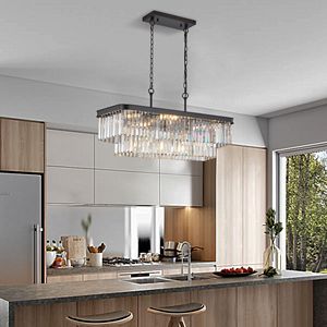 Lampadario Rettangolare in Cristallo con Luce Sospesa Regolabile Moderna Industriale E12 in Ferro Stile Fattoria - Product Image 1