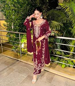 Embroidered Silk Salwar Kameez Set 3 Piece <b>Kurta</b> Palazzo Dupatta <b>Women</b> Wedding Party Outfit - Product Image 2