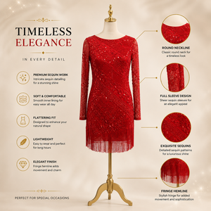 Robe de cocktail de luxe rouge à franges et sequins pour femme, élégante robe de soirée à manches longues, mini-robe perlée pour réception de mariage - Product Image 5