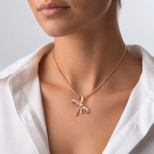 Gold Tone Elegant Ribbon Bow Pendant <b>Necklace</b> Lab Grown Diamond 14K Rose Gold VVS Dainty Fashion Gift Wedding Party Wholesale - Product Image 1