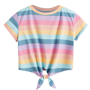Top Corto a Rayas Arcoíris para Mujer, Camiseta con Nudo, Informal, de Verano, de Manga Corta, a la Moda - Product Image 1