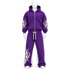 Ensemble survêtement streetwear unisexe personnalisé avec logo imprimé, sweat à capuche vintage uni et pantalon empilé, coupe lourde, délavage acide, en vente - Product Image 4