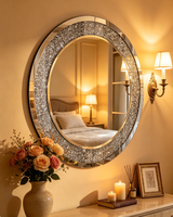 Miroir mural rond personnalisé en cristal de diamant écrasé, cadre argenté, miroir décoratif pour salon, hôtel, décoration artistique