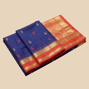 Rich Blue Silk <b>Saree</b> with Orange and Zari Border for Career Dressing - Product Image 5