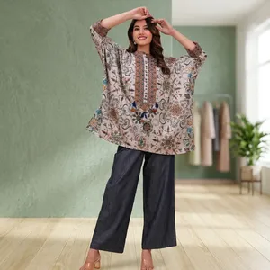 Chemisier ample à manches longues et col en V pour femme, imprimé floral, style indien pakistanais, chemise ethnique bohème, mode décontractée automne - Product Image 1