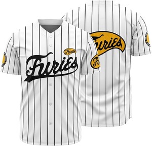 Maillot de baseball Furies pour homme, manches courtes, rayé blanc et noir, col en V, respirant, en polyester, avec logo sur le devant - Product Image 1