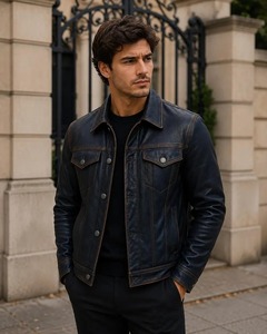 Mens Black Genuine Leather Trucker <b>Jacket</b> Handmade <b>Vintage</b> Classic Casual <b>Biker</b> Coat - Product Image 1