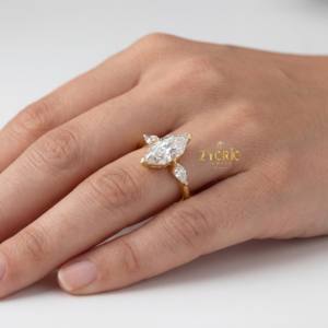Anillo de Compromiso de Lujo con Tres Diamantes de Corte Marquise de 1.50 CT Cultivados en Laboratorio, Anillo de Boda de Oro Sólido de 18K, Regalo Romántico - Product Image 5