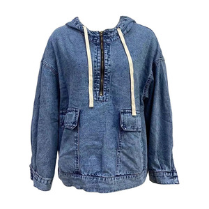 Sudadera con Capucha de Mezclilla Azul para Mujer, de la Mejor Calidad, Informal, Transpirable, Ecológica, de Invierno, con Media Cremallera, Manga Larga y Dos Bolsillos Delanteros Grandes - Product Image 1
