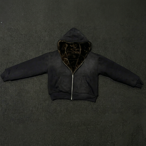 Sweat à capuche pour homme avec logo personnalisé, vêtements d'hiver, effet délavé, 550 GSM, 100 % coton, doublure en fourrure, fermeture éclair - Product Image 1
