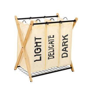 Panier à linge pliable Oceanstar X-Frame en bambou, 3 compartiments, blanc - Product Image 1