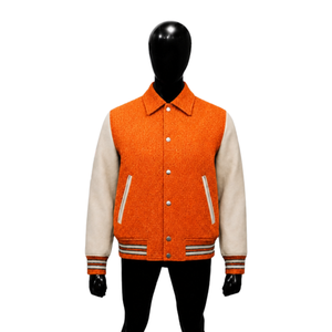 Blouson universitaire en laine orange de qualité supérieure pour homme, veste de style Letterman de haute qualité avec manches crème et fermeture boutonnée, style Preppy - Product Image 1