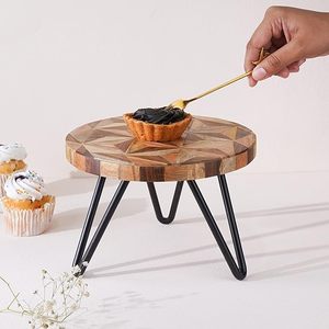 Support à gâteau rond en bois écologique, présentoir à dessert avec pieds en métal, personnalisable, support de table rustique pour la décoration de mariage et de fête - Product Image 3