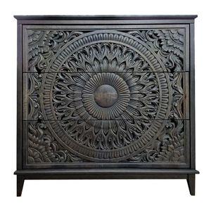 Commode de luxe artisanale en bois massif à 3 tiroirs, avec sculpture mandala lotus ornée, finition noir anthracite - Product Image 1