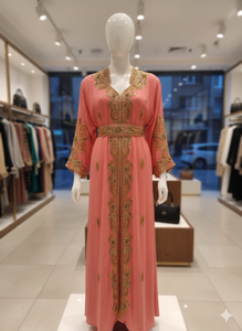 Elegante Caftán Marroquí Rosa Melocotón - Takchita Bordada a Mano con Zari Dorado y Cinturón Adornado para Bodas y Eventos Formales - Product Image 4