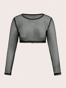 <b>Women's</b> Sexy Fishnet Crochet Crop <b>Top</b> with Long Sleeves See-Through Hollow Out <b>Mesh</b> Bikini Cover Ups - Product Image 3