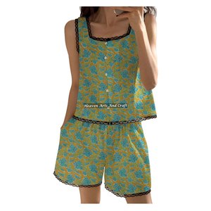 Conjunto de Pijama de Algodón 100% Indio con Estampado de Bloques y Ribete de Encaje, Pantalones Cortos, Conjunto de Pijama sin Mangas con Estampado Floral para Primavera/Verano, ¡Gran Venta! - Product Image 3