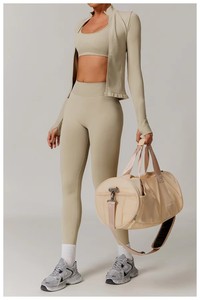 Ensemble de leggings de yoga sans couture à taille haute et manches longues, col rond, couleur unie, 2 pièces, en Spandex/Nylon extensible dans les quatre sens - Product Image 5