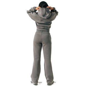 Conjunto de Sudadera con Capucha Gris y Pantalones Anchos para Mujer, Estilo Casual, Holgado, Color Sólido, con Cordón Ajustable, para Otoño - Product Image 3