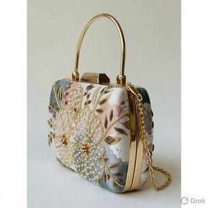 Elegant Pearl Beaded Floral Frame Evening <b>Clutch</b> <b>Bag</b> with Zipper Closure and Chain Strap Handmade for Party - Product Image 2