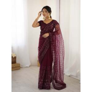 Sari beige magnifique pour femmes FB pour les fêtes avec des paillettes et un travail de dori Taille m - Product Image 4