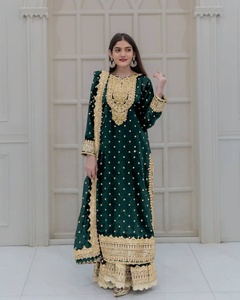 Tenue ethnique indienne et pakistanaise pour femmes, en georgette lourde brodée, Salwar Kameez Sharara, Dupatta fantaisie avec bordure en dentelle, pour mariage - Product Image 1