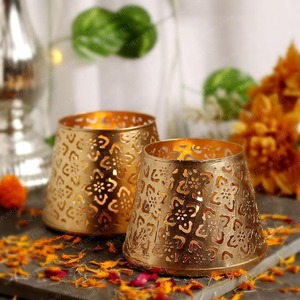 The Purple Tree Metal Gold <b>Tealight</b> Holder Pack Of 2 Die Cut Floral Design Home Decor - Product Image 1