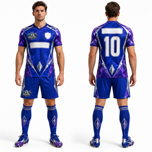 Maillot et short d'équipe de football en tissu mesh polyester, logo personnalisé, broderie personnalisée, tissu respirant, vêtements d'équipe de club - Product Image 1