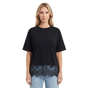 Customized Women's Shirts Black Lace Hem Oversized Cotton Tee Elegant Casual Streetwear Premium Fashion Summer Crewneck Design - Product Image 1