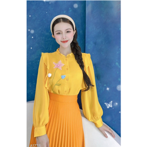 Chemisier à manches longues pour femme, style décontracté, avec détails plissés et volants, couleur unie, lavable, 150 GSM, fabriqué au Vietnam - Product Image 3