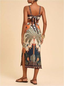 Robe longue chic et élégante pour femme, sans manches, en mousseline de soie à motif floral, coupe trapèze, avec nœud au dos et fente haute, ourlet droit - Product Image 3