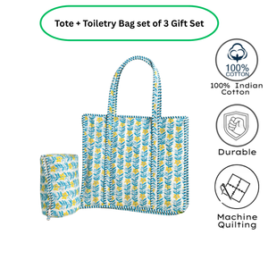 Bolsa de Mano Acolchada de Algodón con Estampado Floral Azul de Jaipur + Set de Bolsa de Aseo, 3 Cierres, Ligera, Ecológica, Plegable, Hecha a Mano - Product Image 3