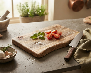 Planche à découper en bois rustique rectangulaire avec bord naturel et poignée antidérapante, couteau en bois inclus - Product Image 5